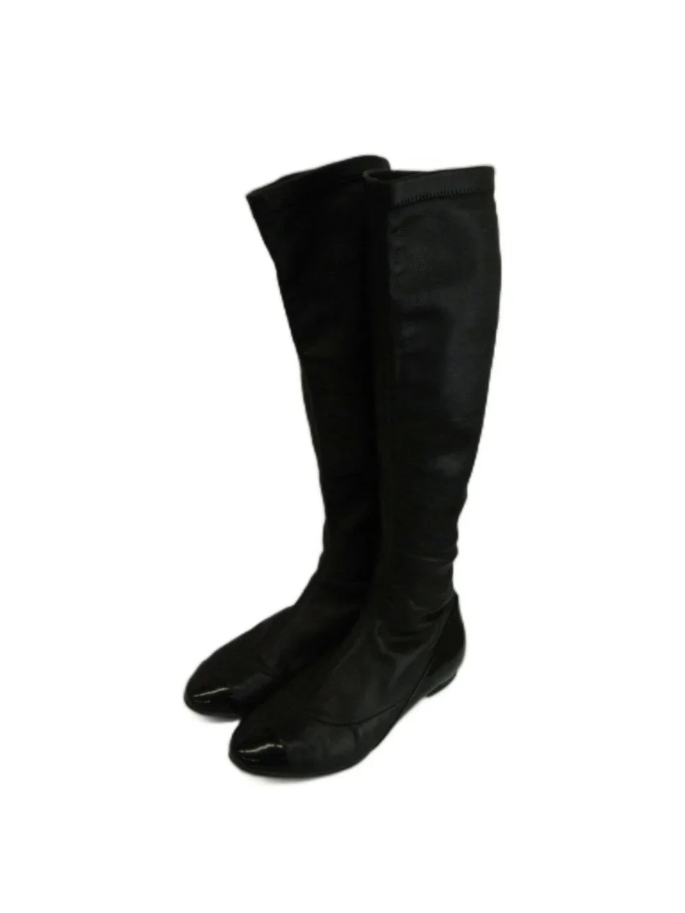 Chanel Long Boots Leather Patent Paneled Round Toe Flat CC Logo