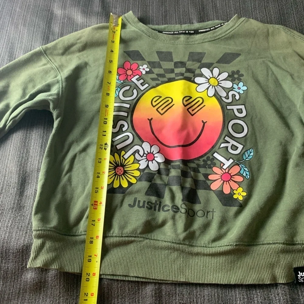 Justice Sport Olive Green Smiley Floral Sweatshirt Medium