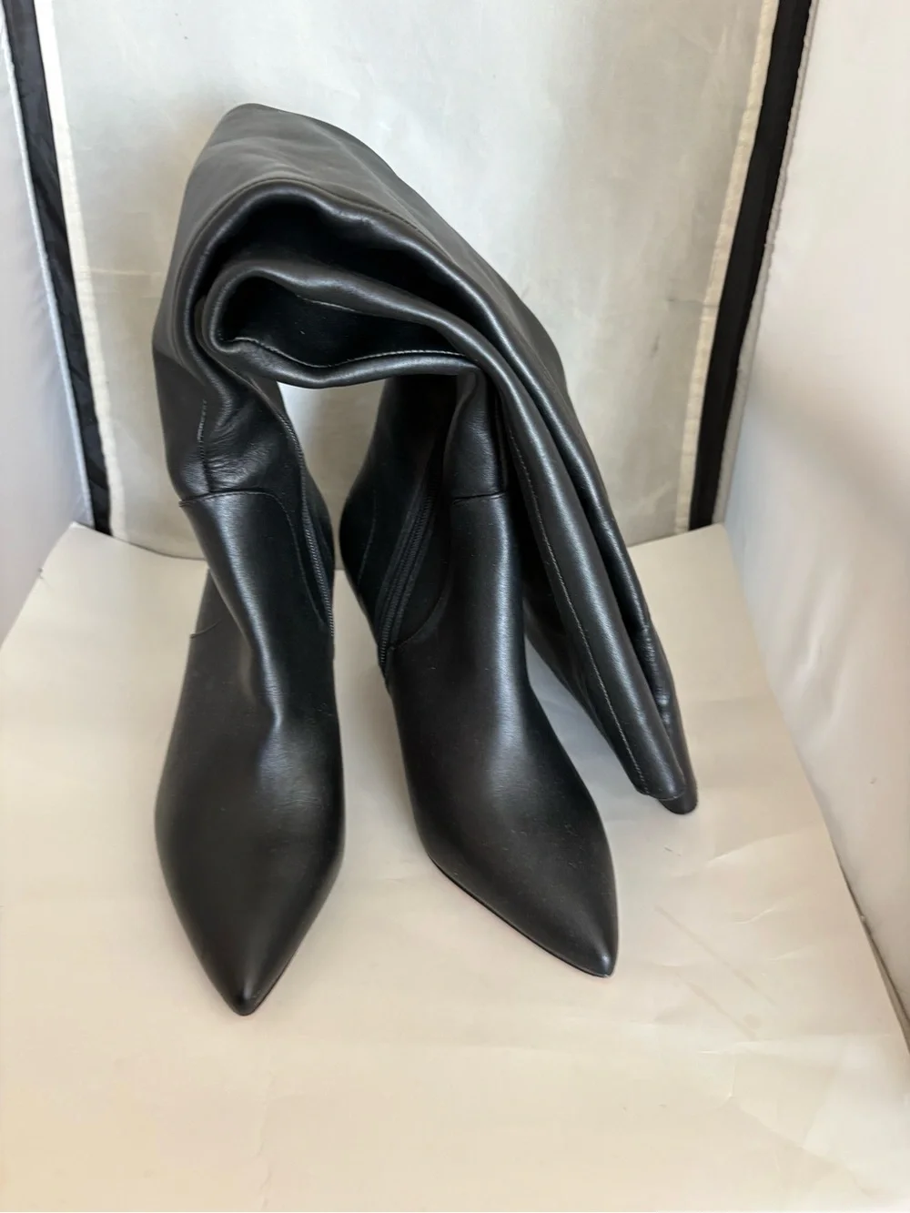 Charles David Piano Black Over-the-Knee Leather point toe Stiletto Boots 9