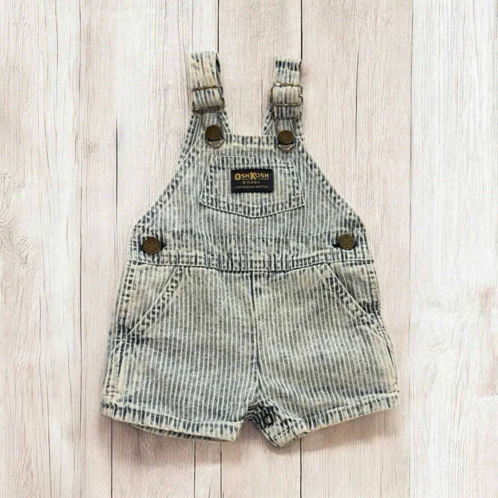 VTG USA‎ OshKosh Vestbak Bib Denim Overall Shorts Striped Size 3/6 M 1969 EUC
