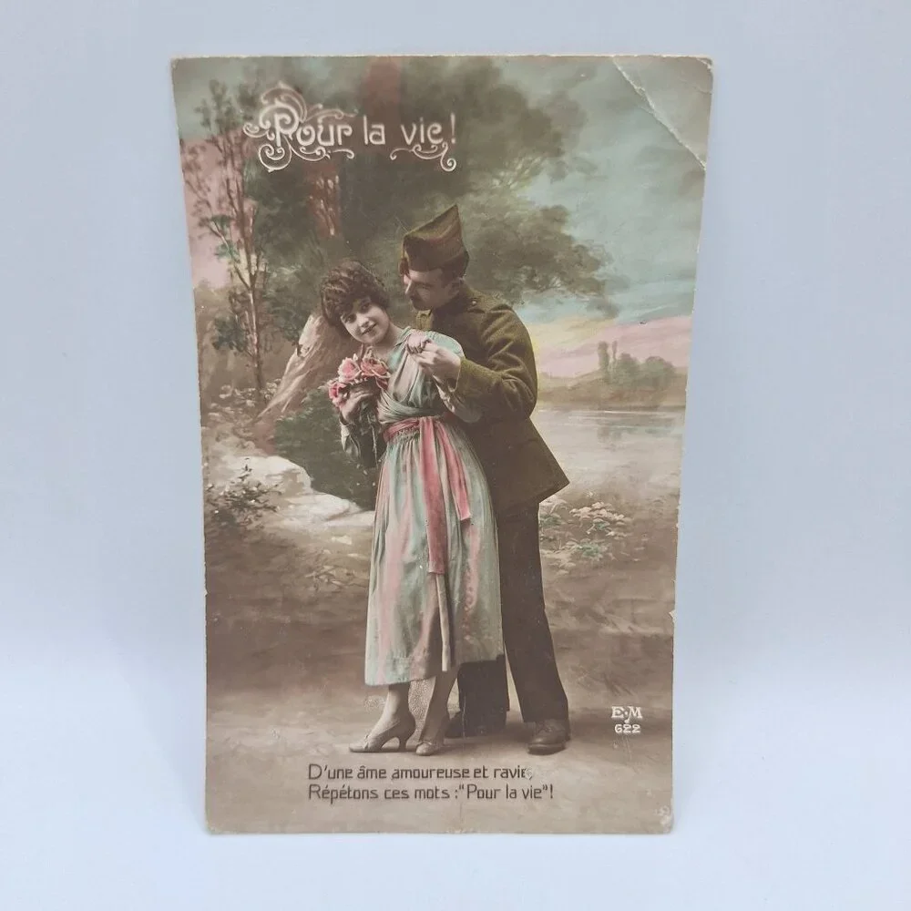 French‎ Romantic Soldier Postcard 1919 Colorized Artwork Sentimental Antique