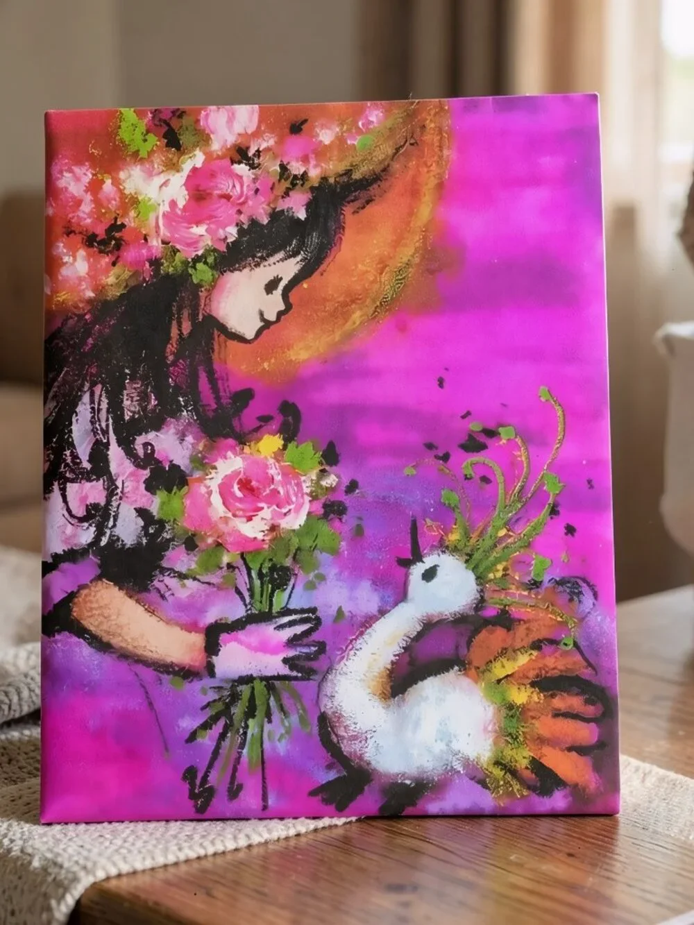 Thinking of You Greeting Card, Girl & Bird Floral Design, Vintage Creations