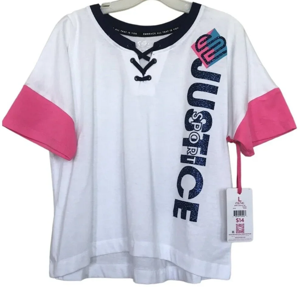 Justice Shirt Top Girls Size 12/14 Large L Glitter White Pink‎ White