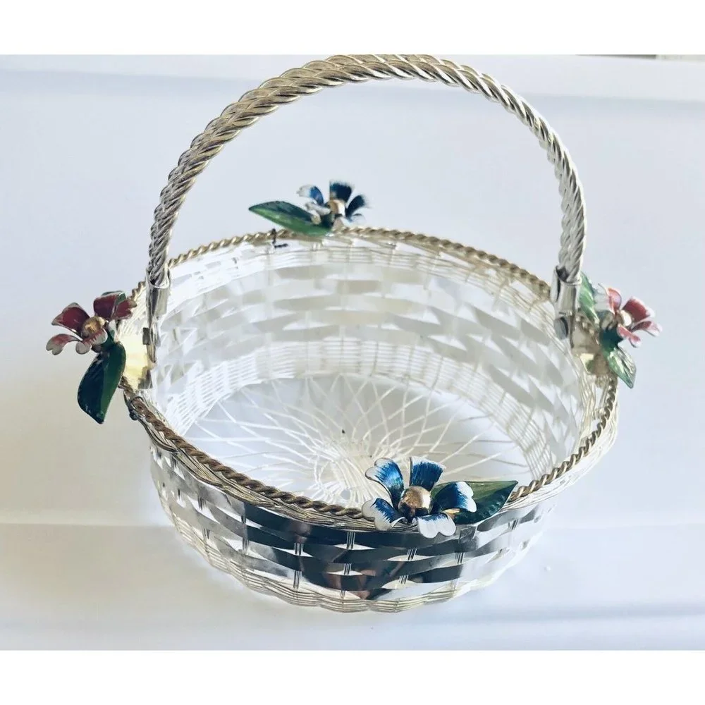 Vintage Hand Woven Wire Basket Silver Plated Pretty‎ Flowers Gift- NIB