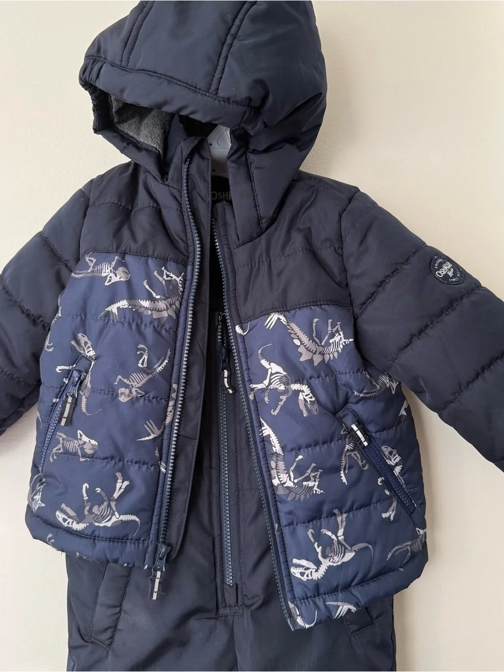 Navy Kids 2-Piece Puffer Snow Suit with Dino Print (Coat, snow pants)