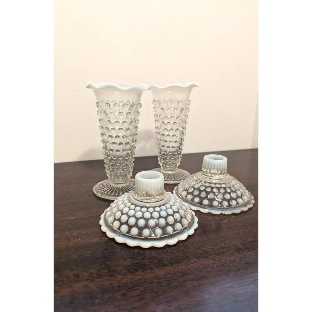 4pc Vintage Fenton Style Hobnail Glass Opalescent White Vases Candle Holders