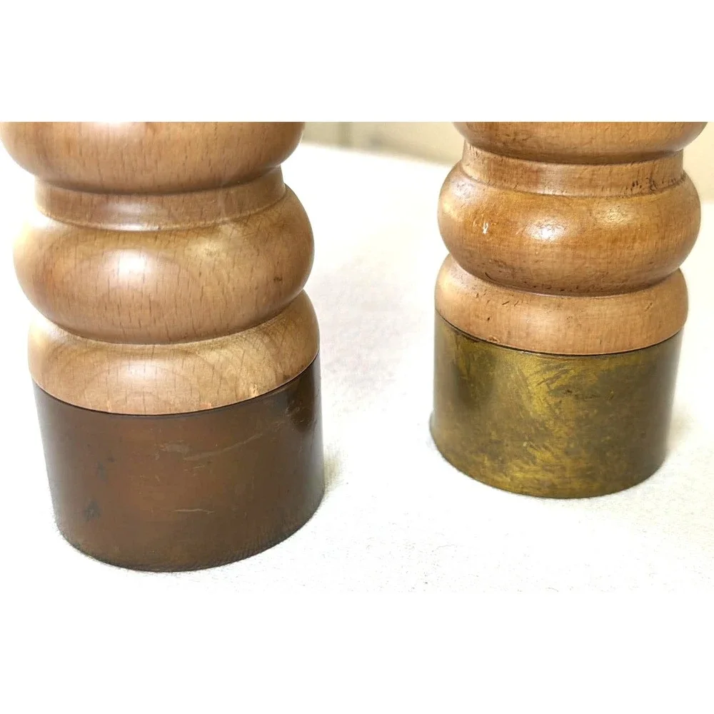 Vintage Salt Shaker Pepper Grinder Set 9.75in Brown Wood Brass MCM CottageCore