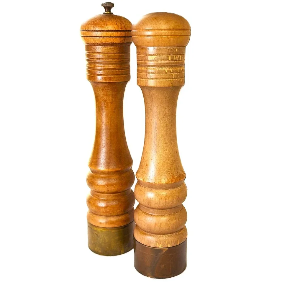 Vintage Salt Shaker Pepper Grinder Set 9.75in Brown Wood Brass MCM CottageCore