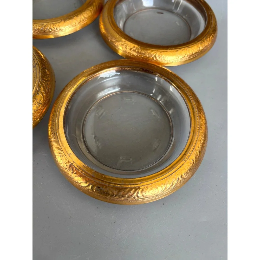 Vtg 4 Pc‎ Glass Coasters with Ornate Gold Tone Metal Rims Floral Embossed