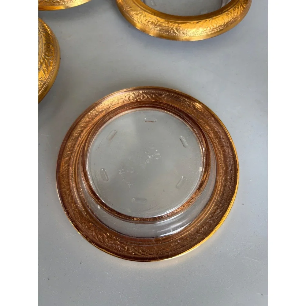 Vtg 4 Pc‎ Glass Coasters with Ornate Gold Tone Metal Rims Floral Embossed