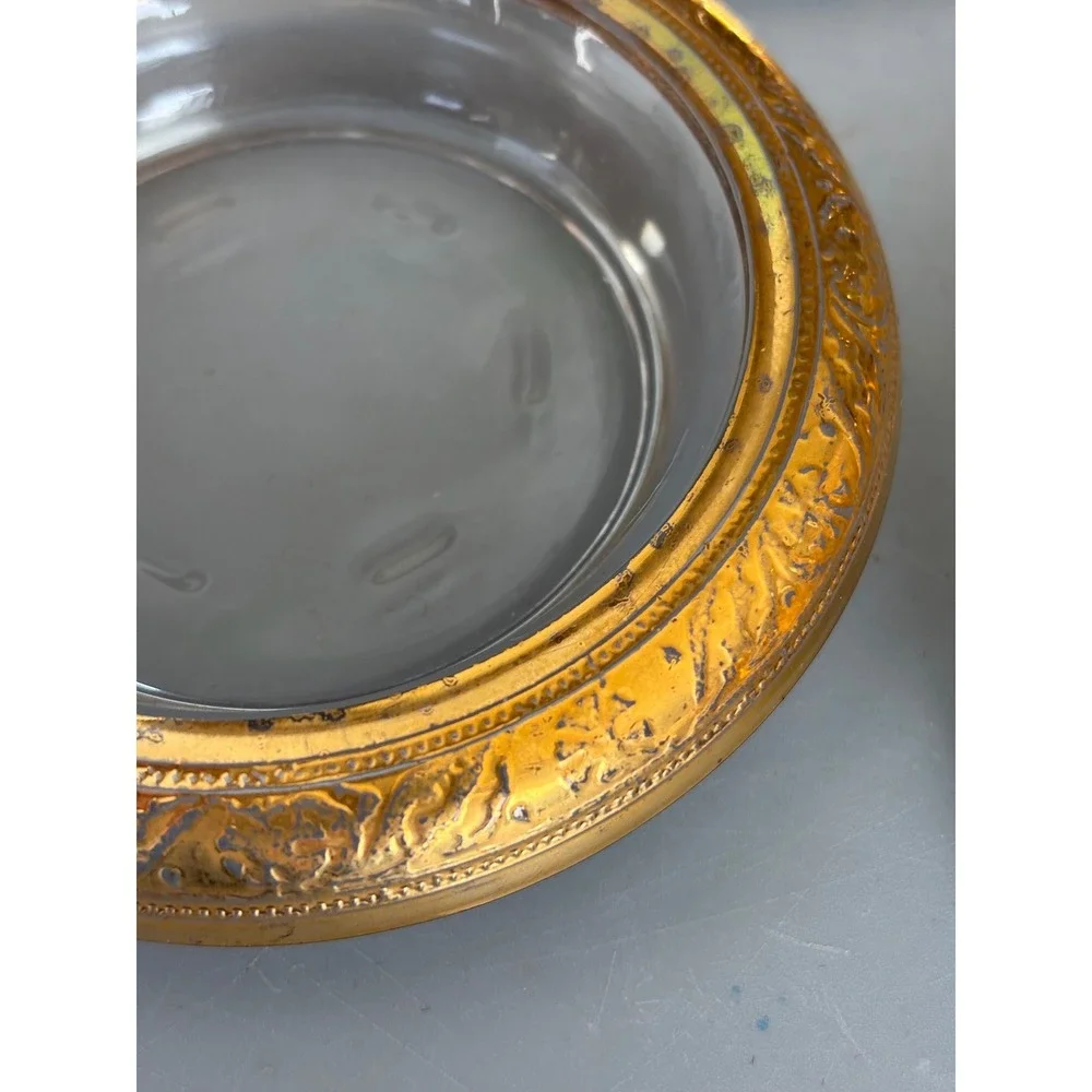 Vtg 4 Pc‎ Glass Coasters with Ornate Gold Tone Metal Rims Floral Embossed