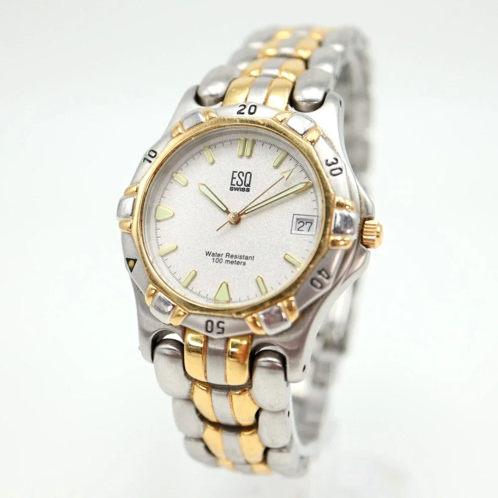ESQ Swiss Watch Men 36mm Two Tone Date Glitter Dial Stainless Steel New Battery
