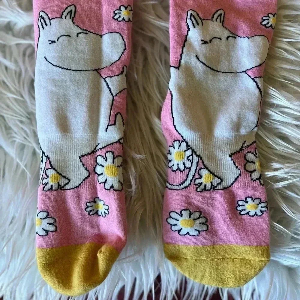 Moomin Pink Daisy Socks, Striped Design, Size L/XL, Cute & Comfy
