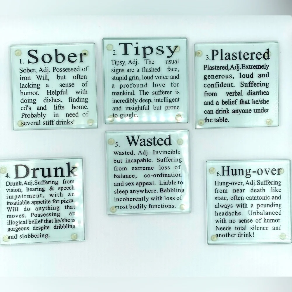 Glass Coasters W/Rubber Feet Stage Of Drinking Quotes Set Of 6