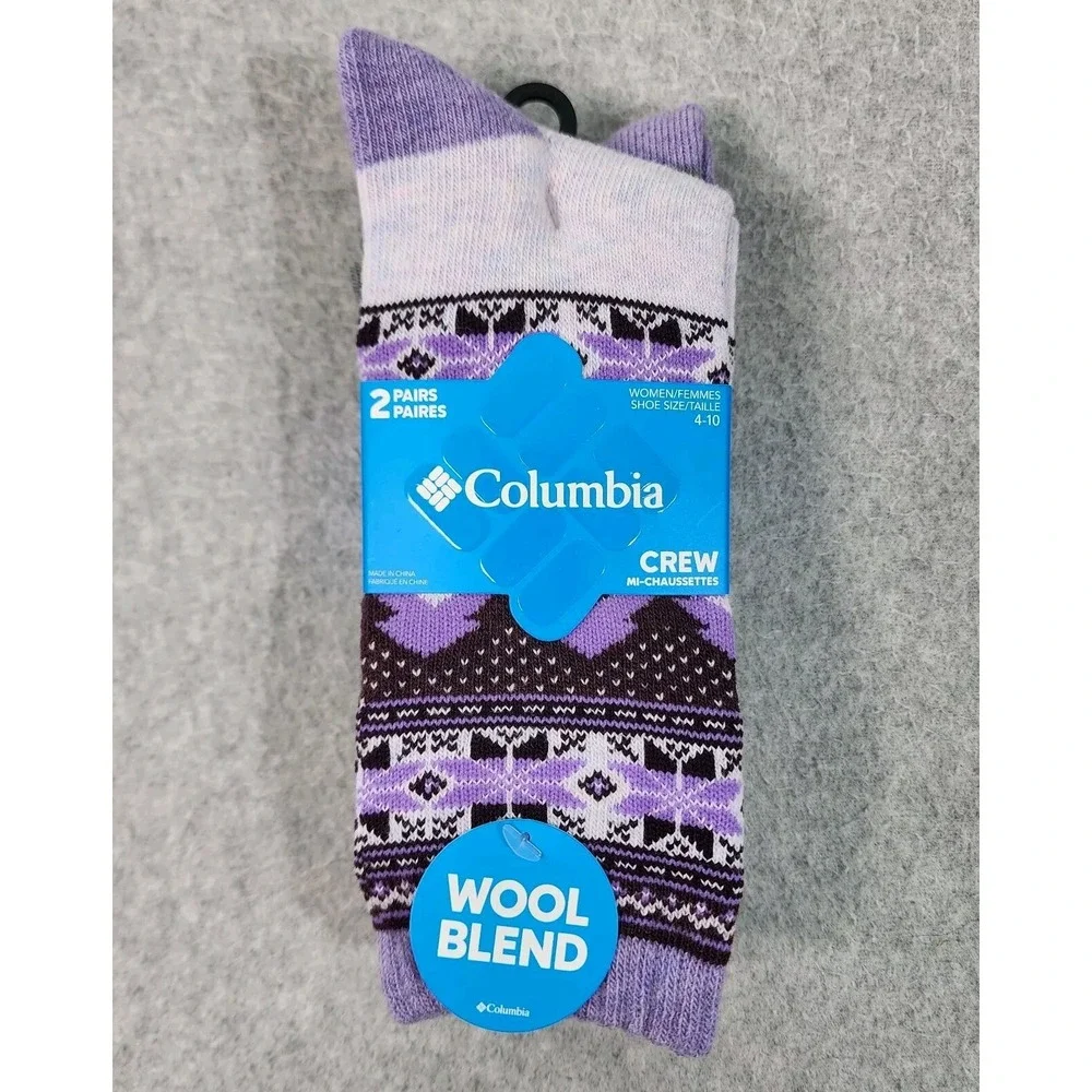 Columbia 2 Pair Crew Mi-Chaussettes Socks Womens‎ Sz 4-10 Grey Purple Wool Blend