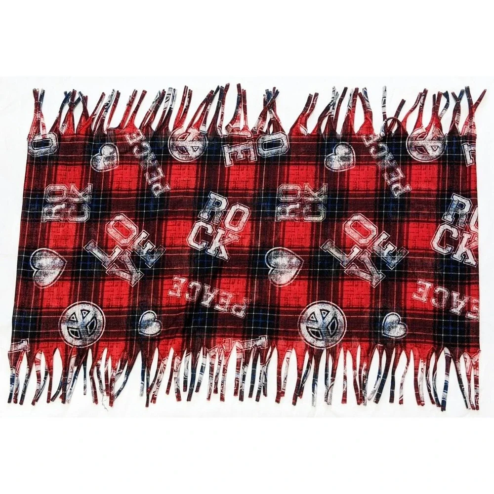 EUC Justice Girls Peace Love Rock Red Plaid Tasseled Infinity Scarf