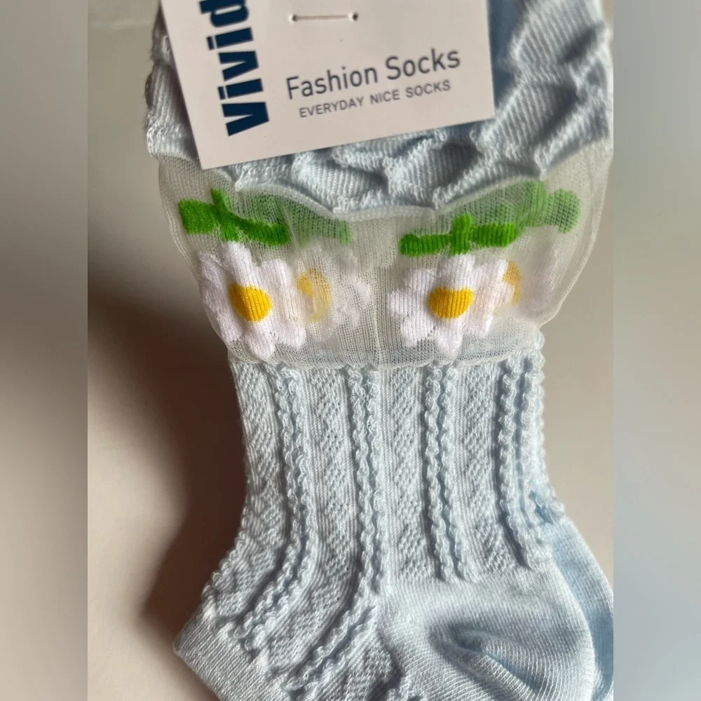Baby blue Ankle Socks with Textured Knit and Floral Design