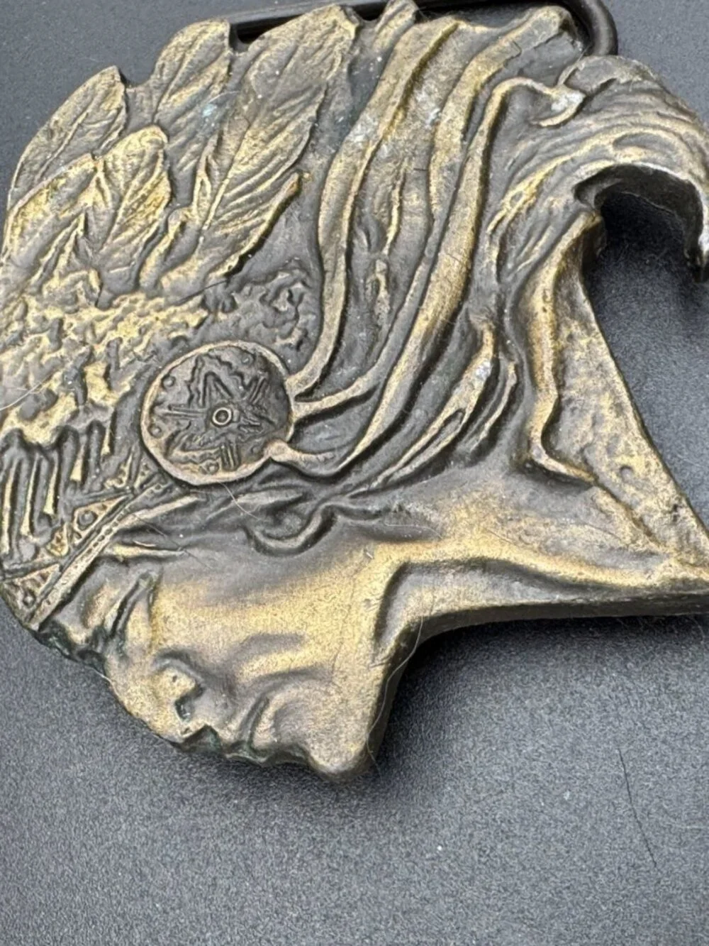 Vintage Solid Brass Native American Indian Chief Head Belt Buckle **READ**