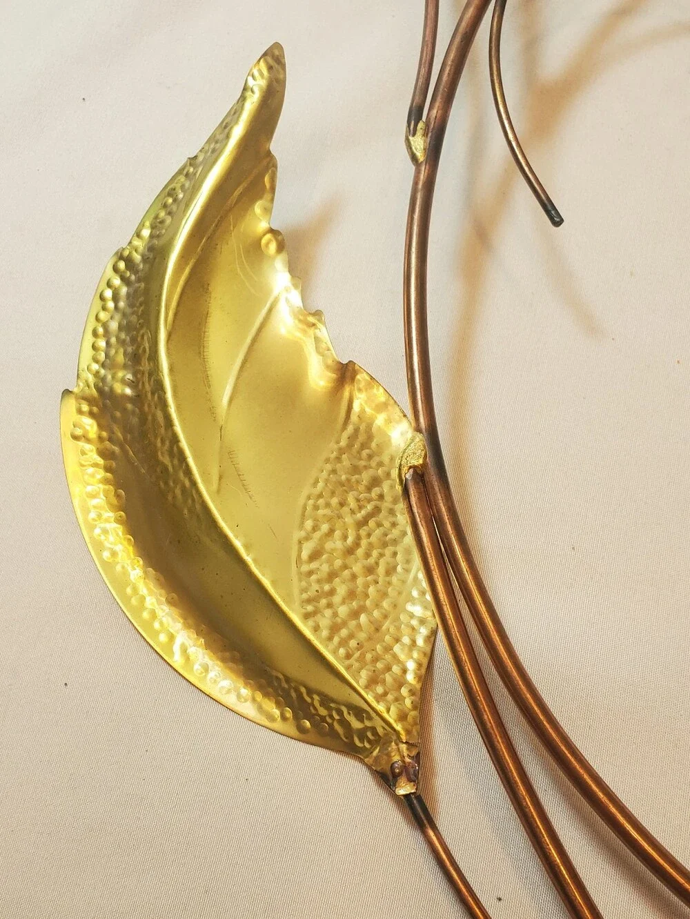 Metal & Wood Vintage Leaves Wall Hanging Brass & Copper MCM 19