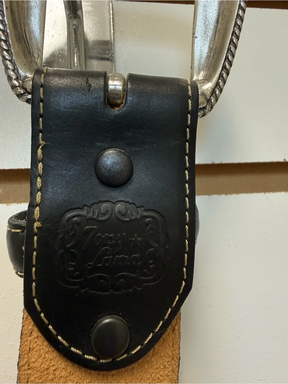 Tony Lama Black Leather Men’s Belt with Engraved Silver Buckle