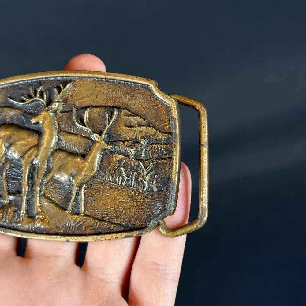 Vintage 1970' BTS Belt Buckle Solid Brass Deer Buck Stag Hunting