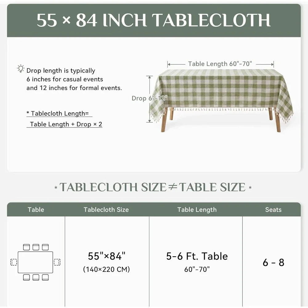 Gingham Tablecloth 55x84 Sage Green Tassel Trim Cottagecore Farmhouse New