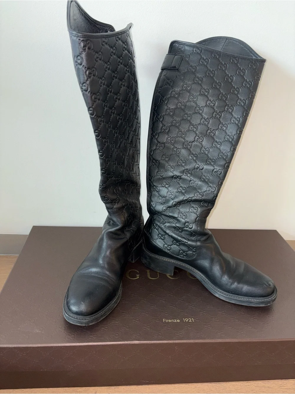 of Gucci Black Guccissima Soft Leather Knee-High Riding Boots Embossed GG