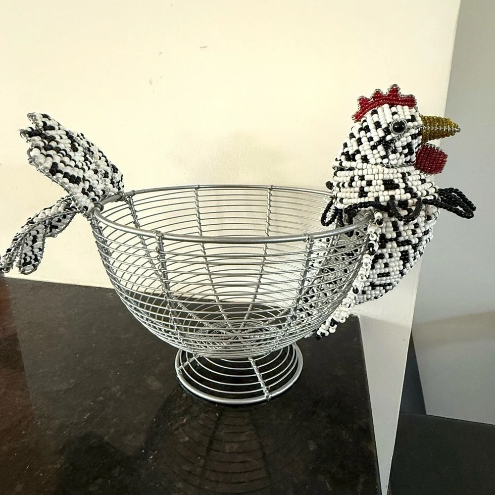 Wire Basket with Beaded Chicken Design Egg Holder