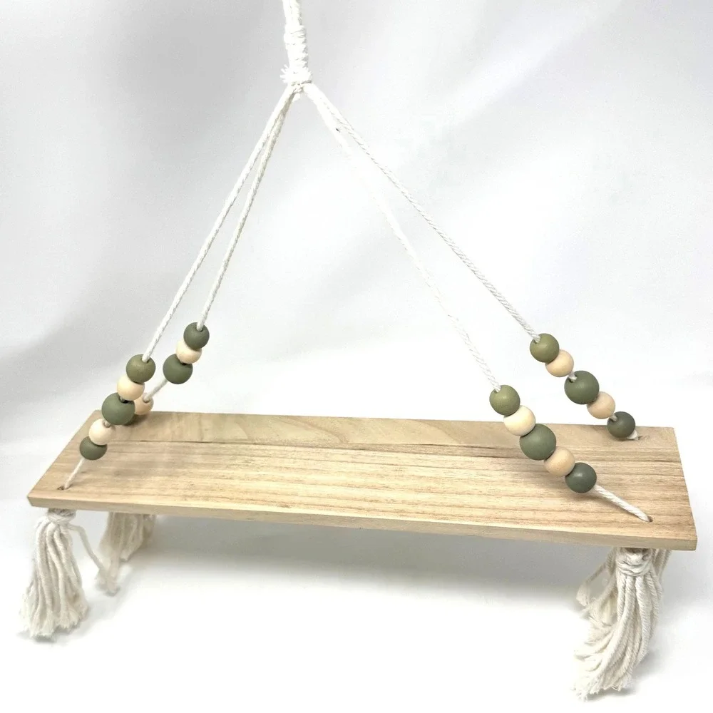 Macrame Hanging Wall Shelf Wood Swing Floating Boho Sage Green Bead Tassel Decor