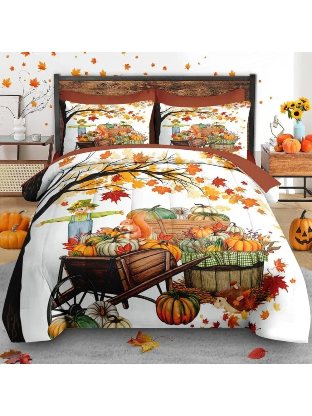 Cozy Queen Fall Comforter Set with Sheets, 7-Piece Farmhouse Bedding Ensemble