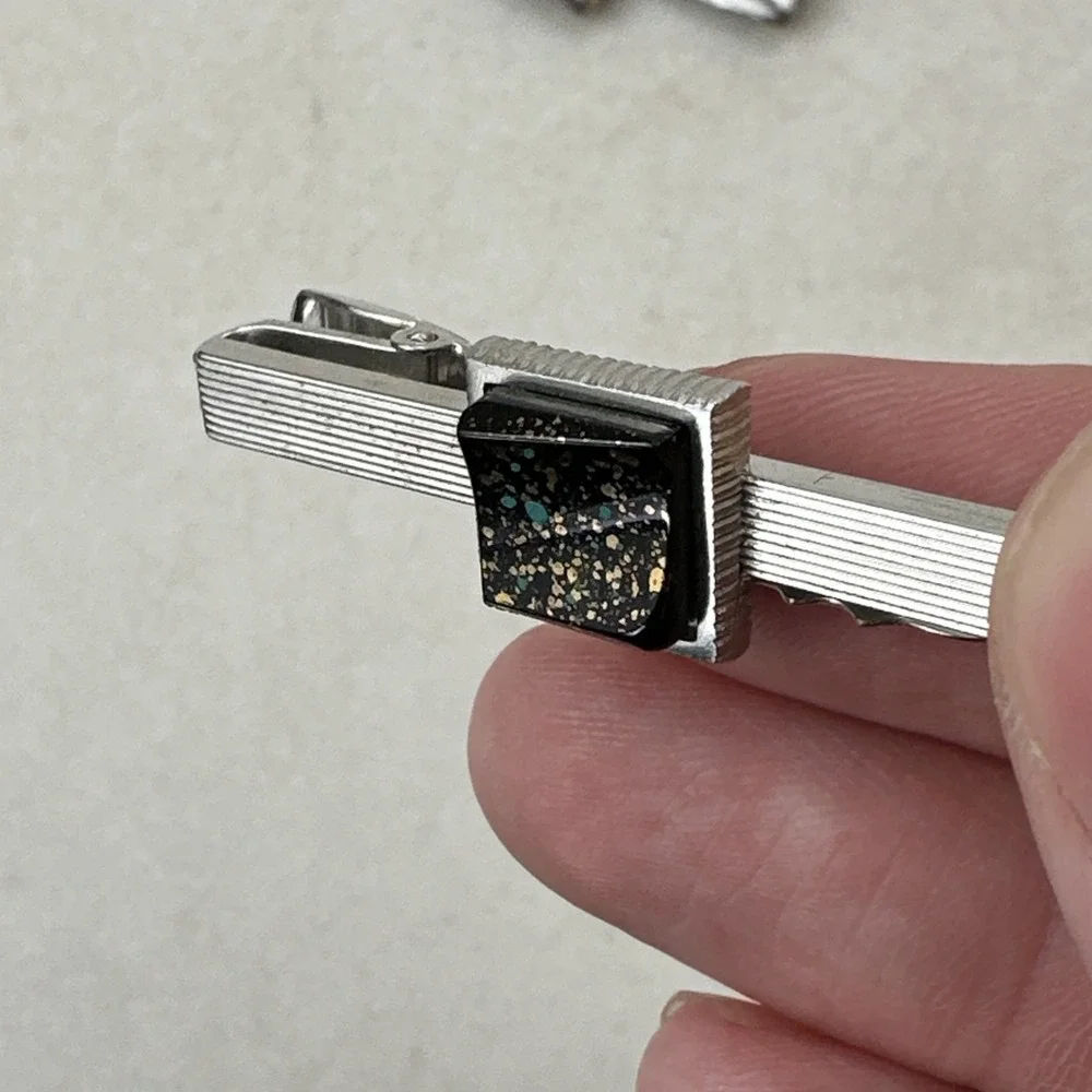 Vintage Anson Cufflinks & Tie Clip Set Silver Black Gold Turquoise Flakes