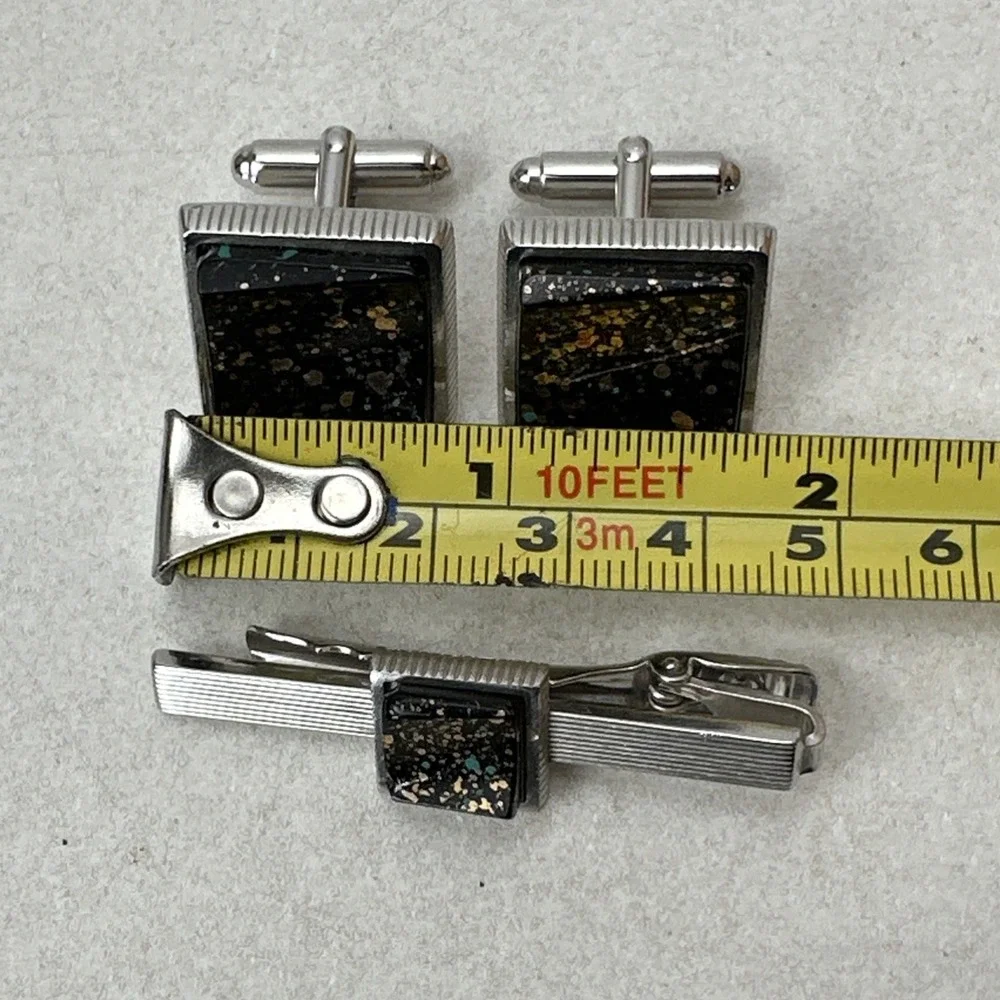 Vintage Anson Cufflinks & Tie Clip Set Silver Black Gold Turquoise Flakes