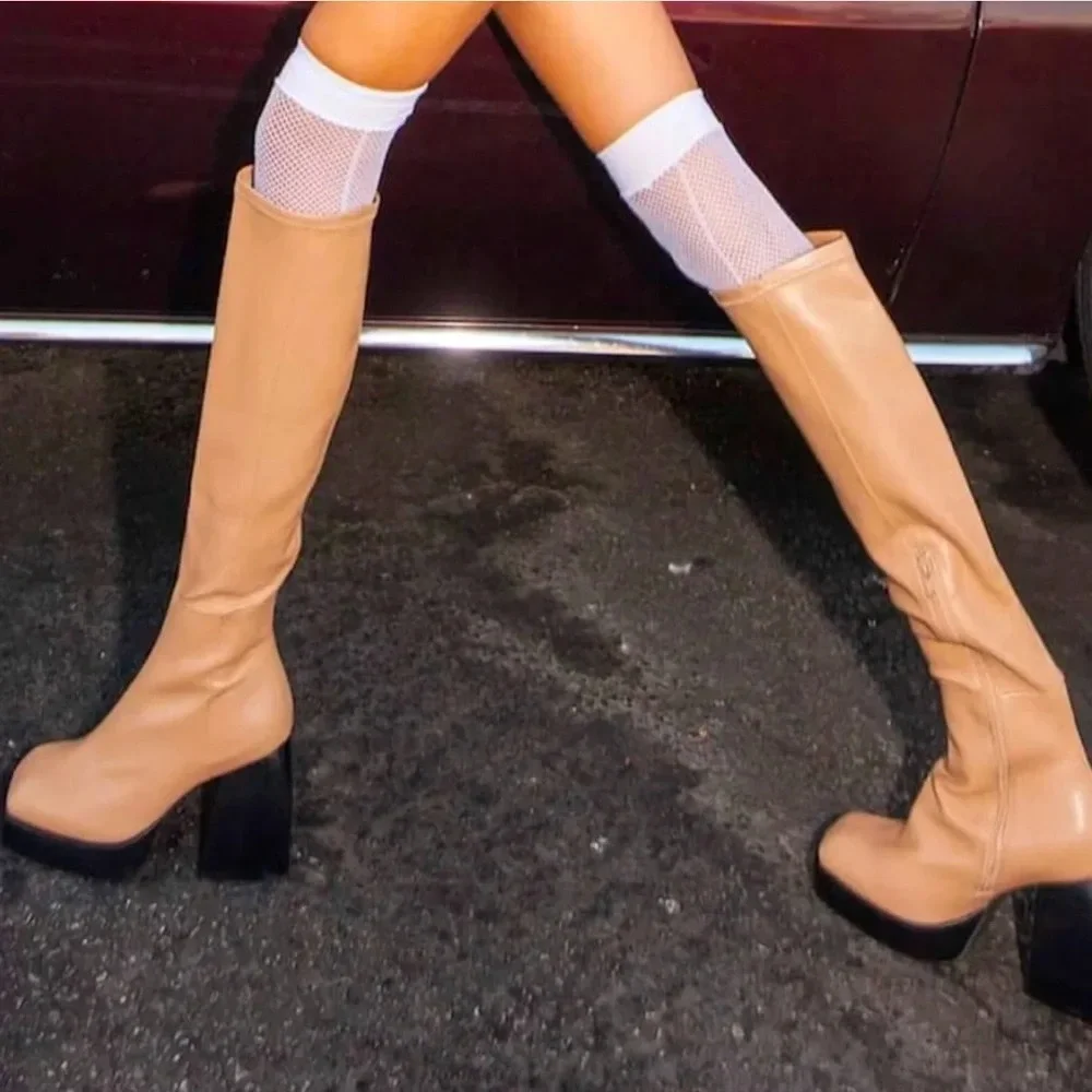 Jeffrey Campbell Dauphin Over The Knee Tan Boots Square Toe Platform Heel 8.5