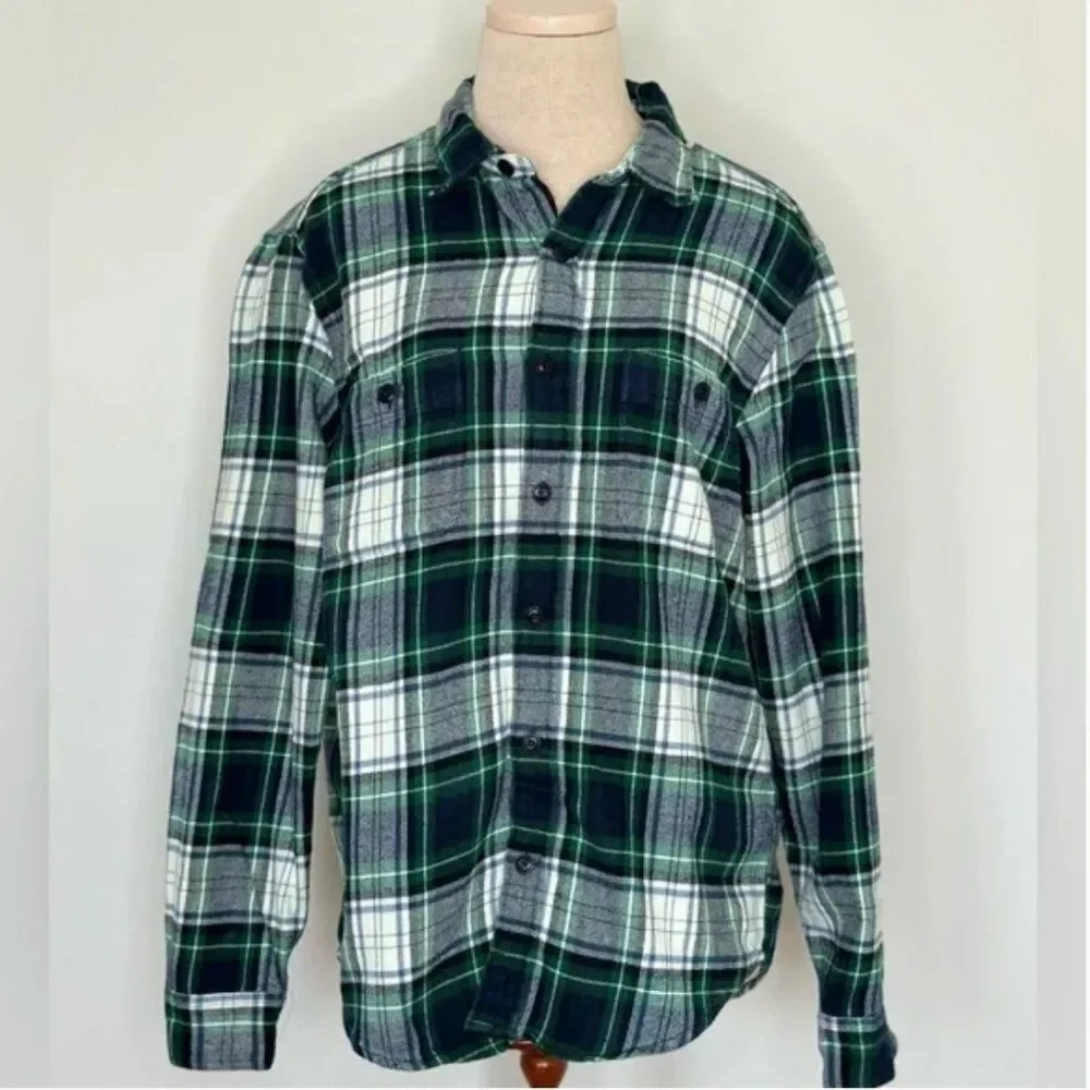 J. Crew Double Brushed Plaid Flannel Blue, Green, and White Size Large