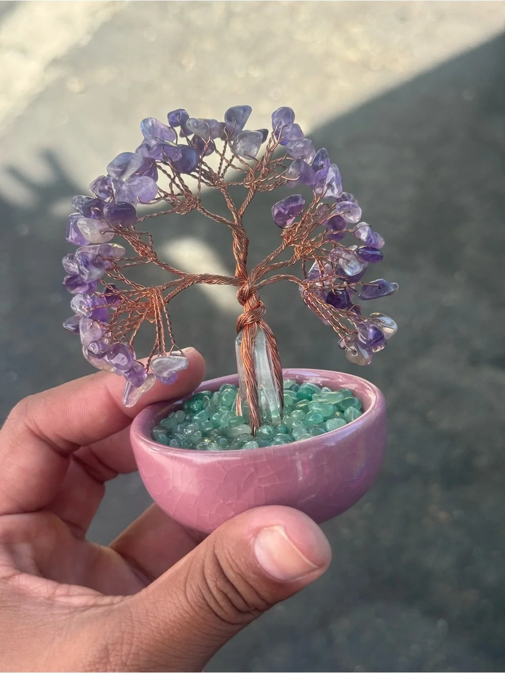 Handcrafted Amethyst Wire Tree in Pink Pot - Decorative Home Accent