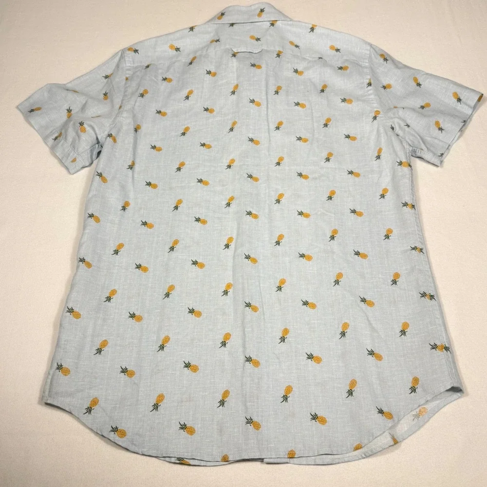 Banana Republic Shirt M Blue Pineapple Print Slim Fit Linen Short Sleeve Button