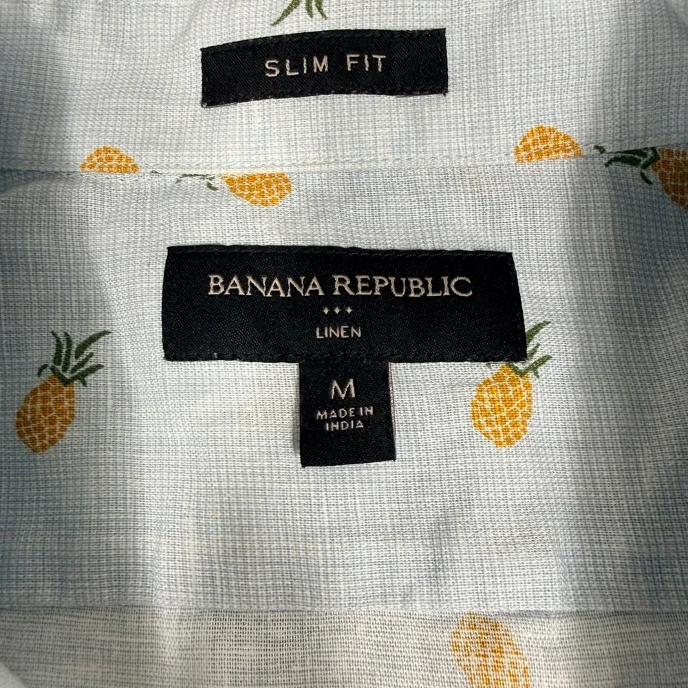 Banana Republic Shirt M Blue Pineapple Print Slim Fit Linen Short Sleeve Button