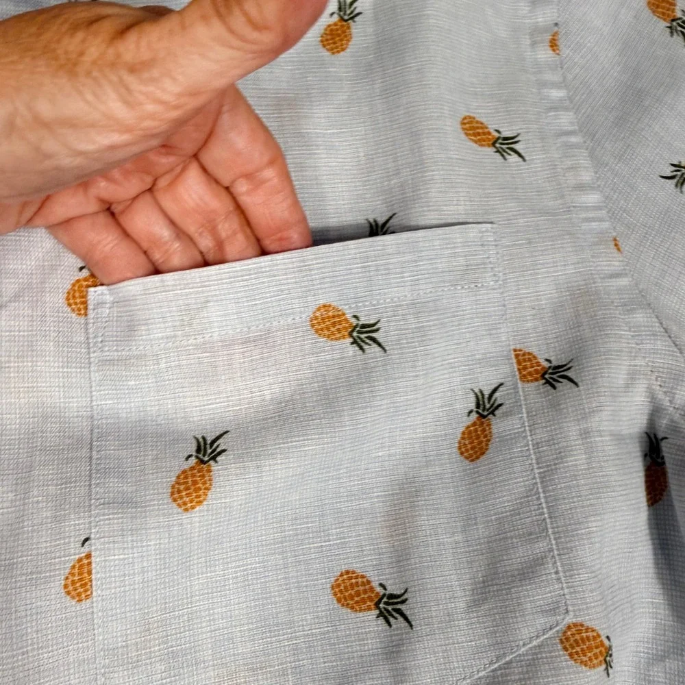 Banana Republic Shirt M Blue Pineapple Print Slim Fit Linen Short Sleeve Button