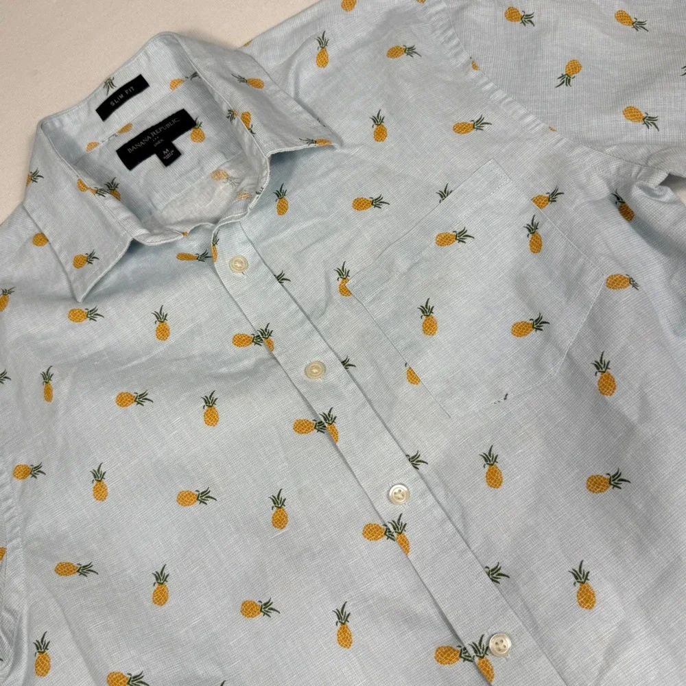 Banana Republic Shirt M Blue Pineapple Print Slim Fit Linen Short Sleeve Button