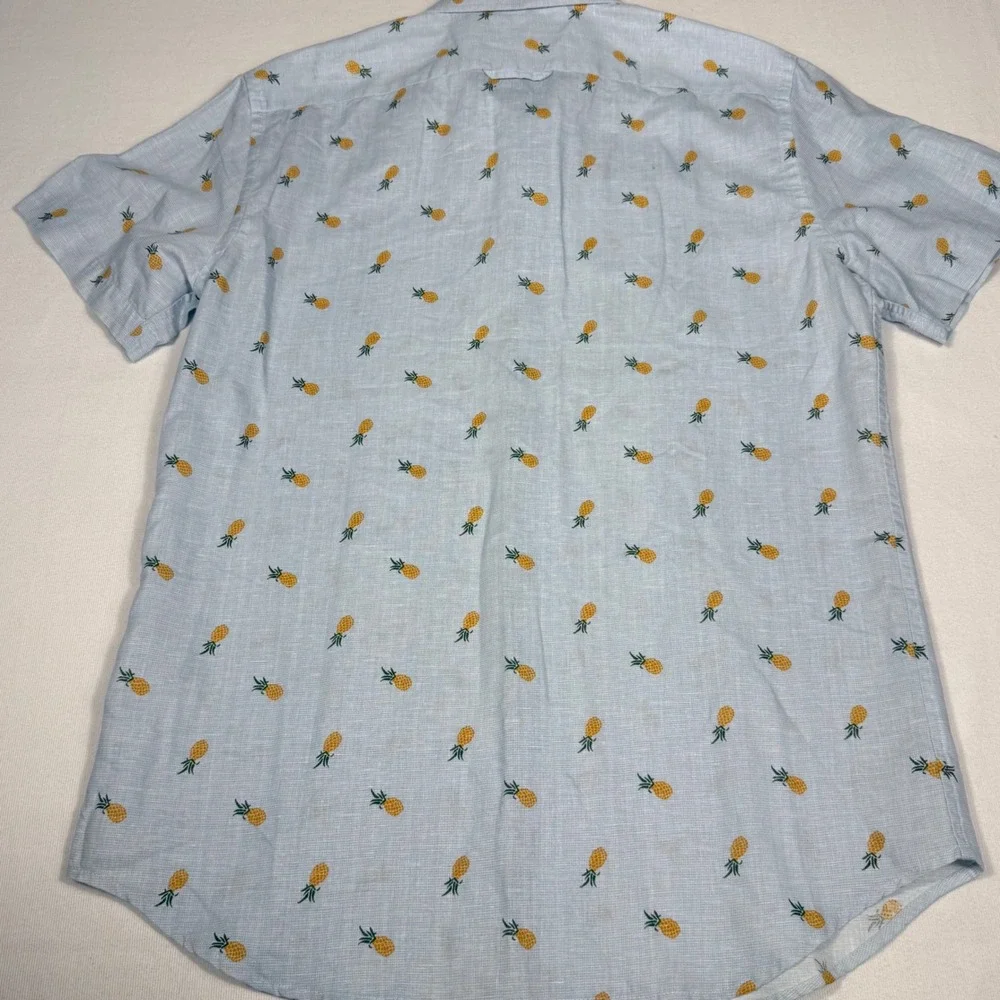 Banana Republic Shirt M Blue Pineapple Print Slim Fit Linen Short Sleeve Button