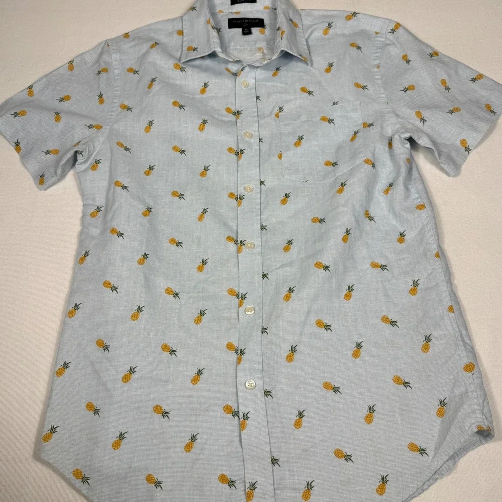 Banana Republic Shirt M Blue Pineapple Print Slim Fit Linen Short Sleeve Button