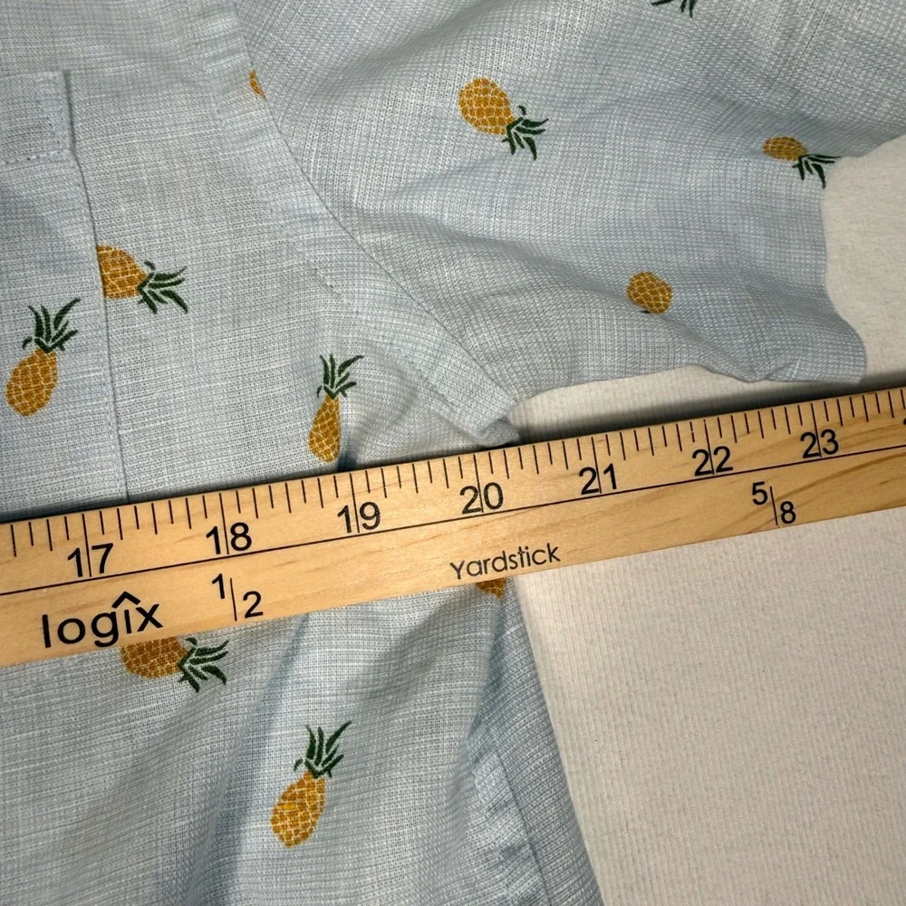 Banana Republic Shirt M Blue Pineapple Print Slim Fit Linen Short Sleeve Button