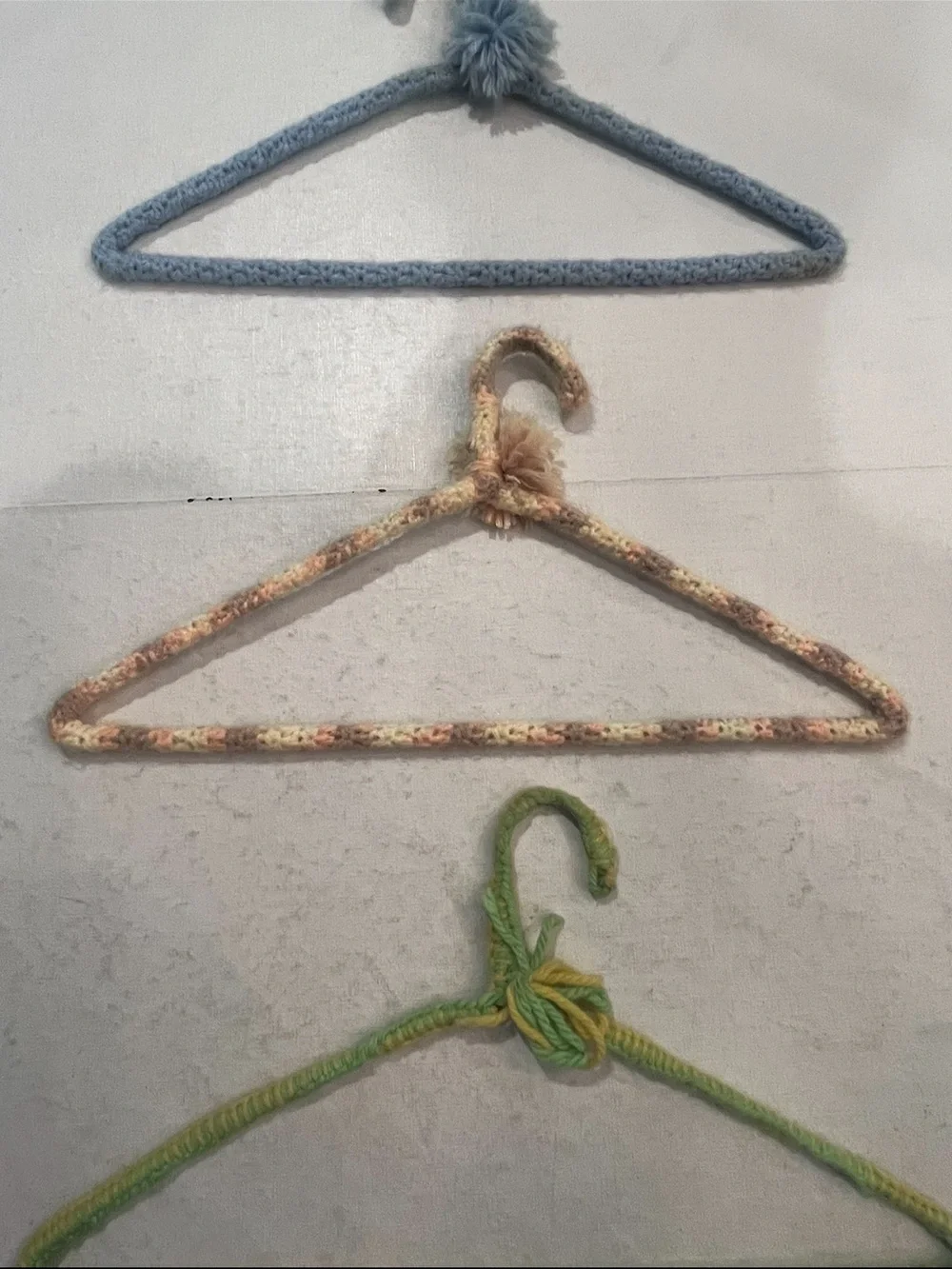 Vintage hand Knit /Crochet Multicolor Covered Hangers Set. Set of 3