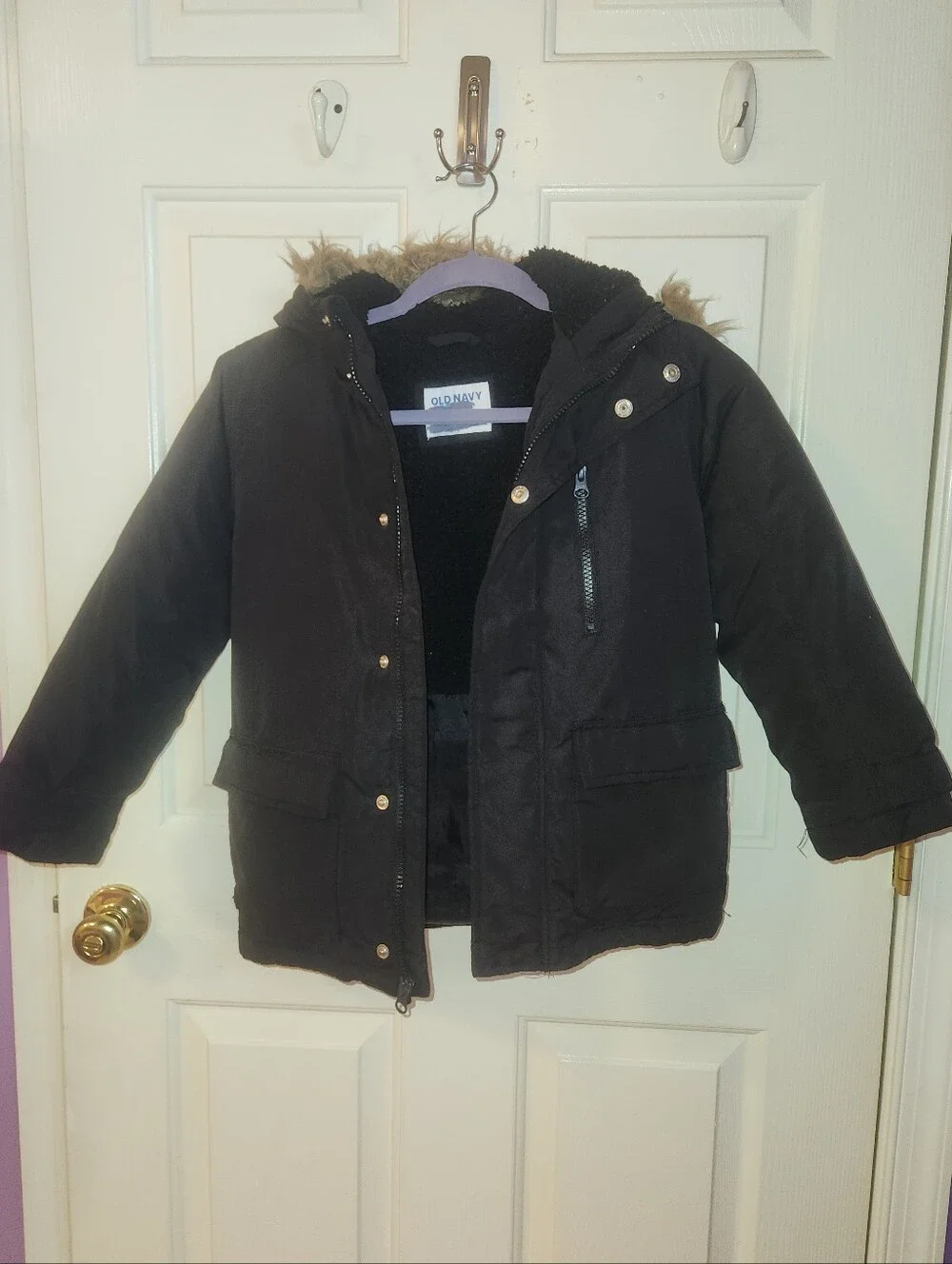 Old Navy Kids Black Hooded Puffer Coat with Faux Fur Trim