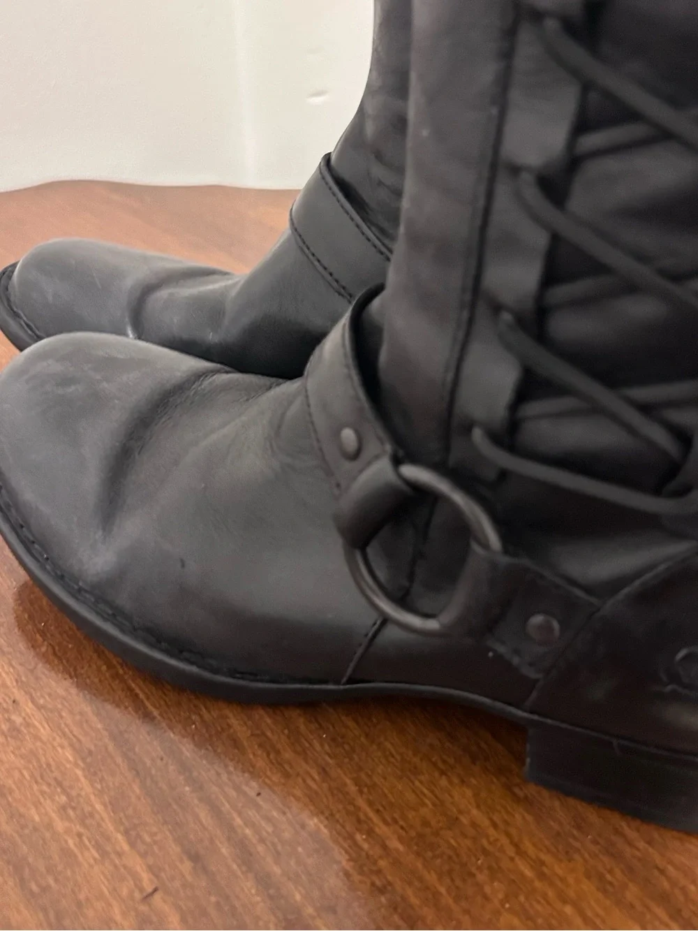 Born Black Leather Tall Buckle Harness Lace Up Riding Womens Boots Size 7.5