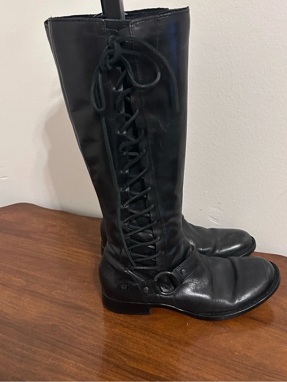 Born Black Leather Tall Buckle Harness Lace Up Riding Womens Boots Size 7.5