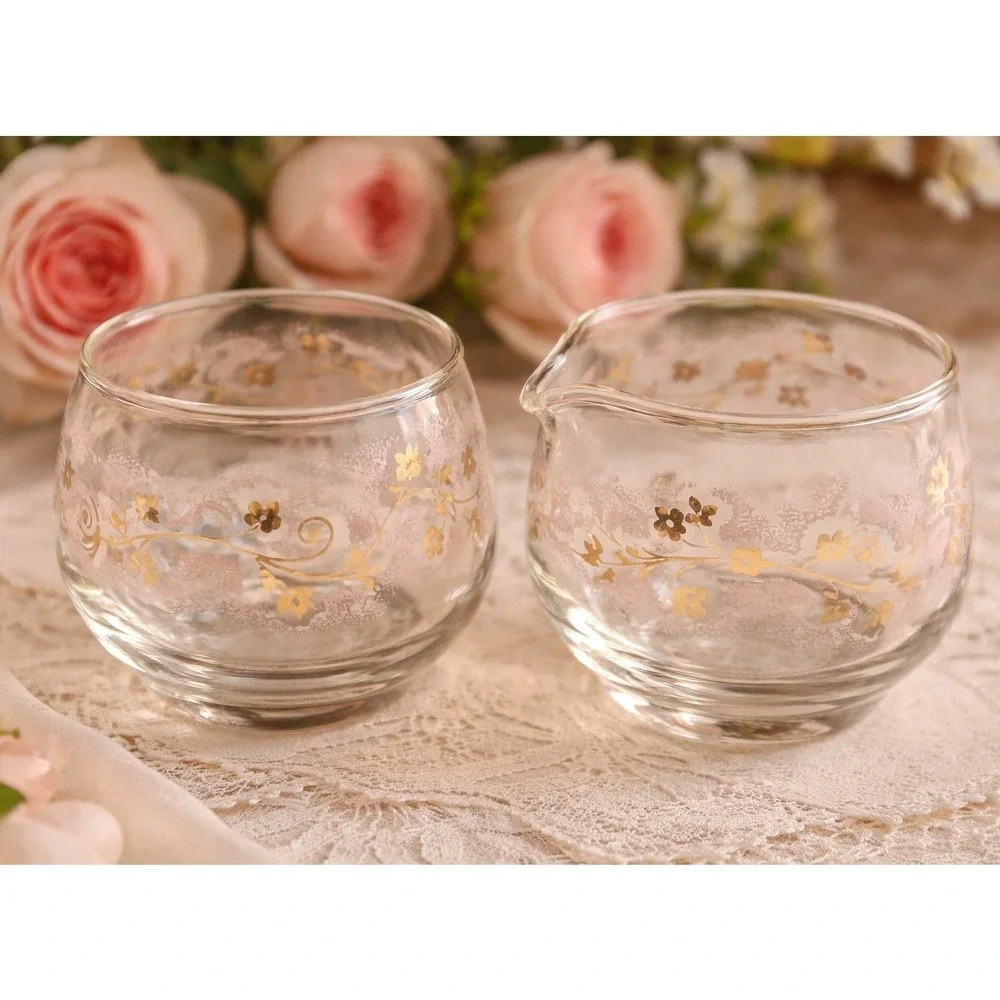 Vintage Glass Creamer and‎ Sugar Bowl Set Gold Pink Floral Filigree Frosted Lace