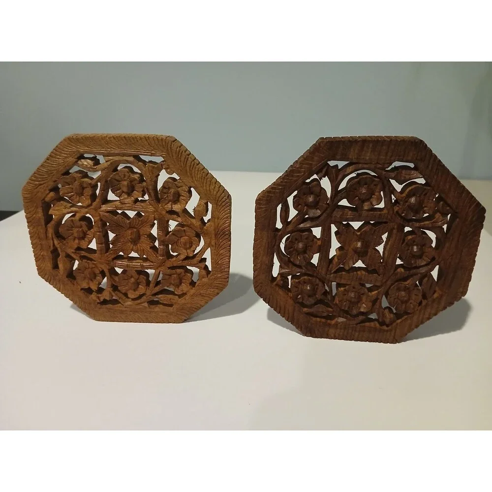 2 Vintage Hand Carved Wooden Hot Plate Pot Holders  India