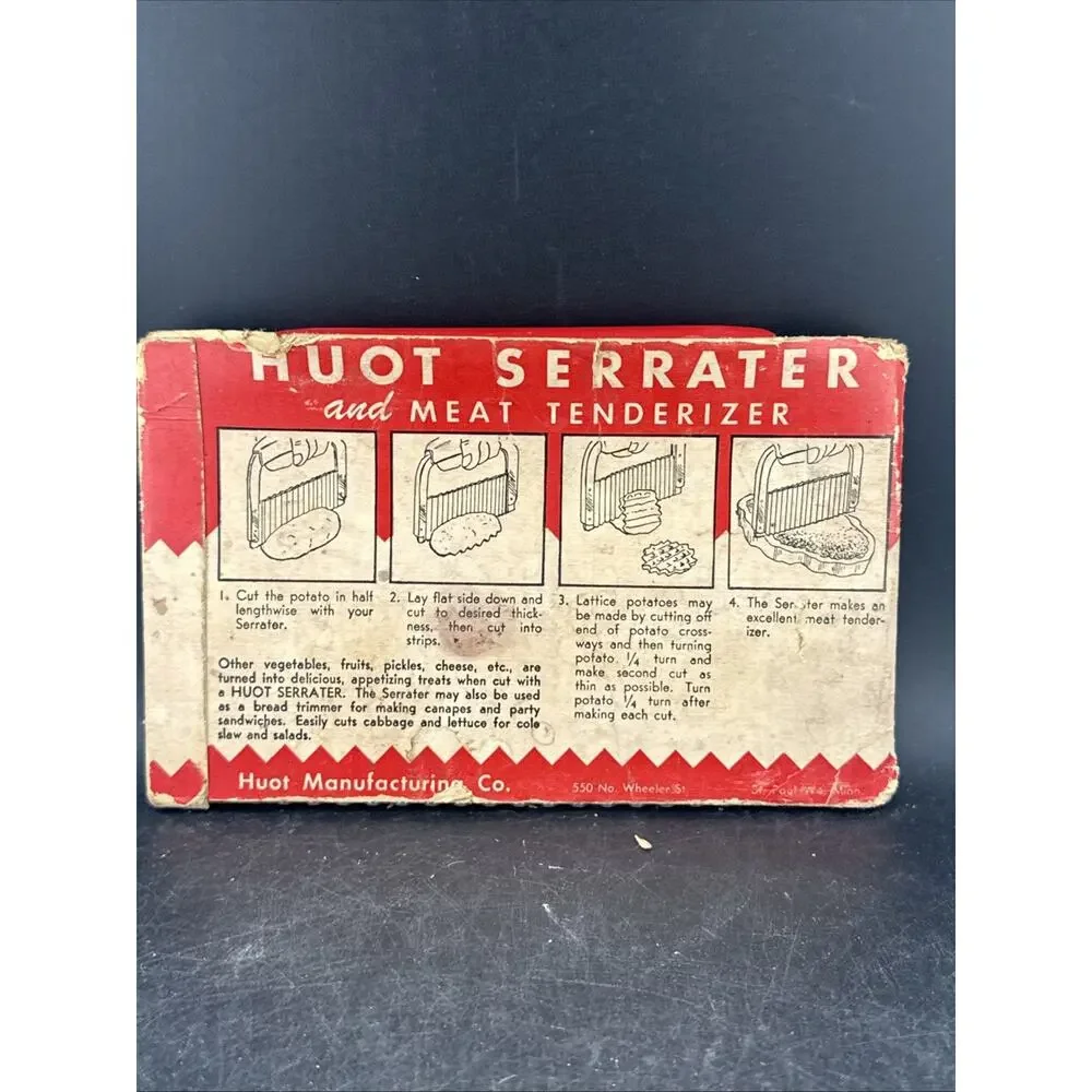 Vintage Huot Serrater & Meat Tenderizer Original Package Red Plastic Handle