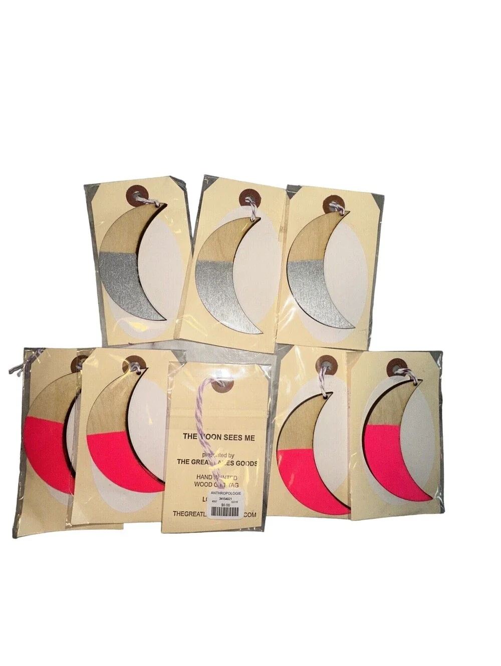8 NEW ANTHROPOLOGIE Wooden Gift Tags Hand Painted Crescent Moon Ornament Pink